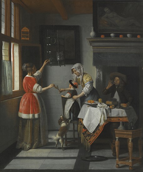 Interior with a Child Feeding a Parrot.