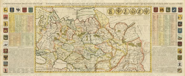 Map of Muscovy, with coats of arms, Russian coins of the day and explanatory panels.