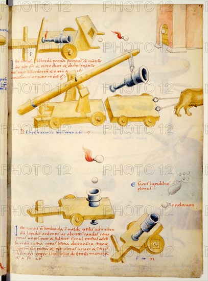 A firearm. Illustration from De rebus militaribus, De machinis by Mariano Taccola.