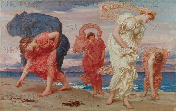 Greek girls picking up pebbles by the sea.