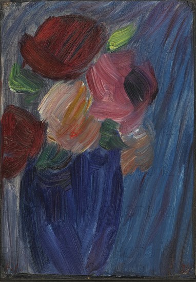 Large still life: Roses in an ultramarine blue vase.