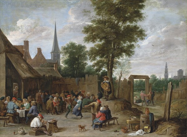 A village inn with peasants dancing and merry making to the music of a hurdy-gurdy.