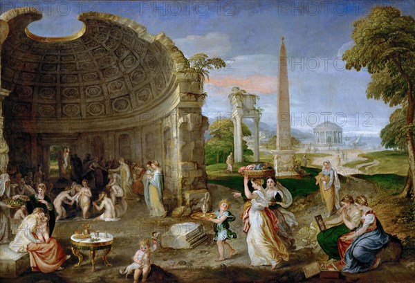 Landscape with antique ruins and bathing women.