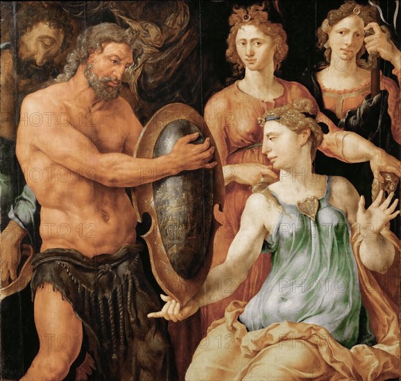 Vulcan hands Thetis the shield for Achilles.