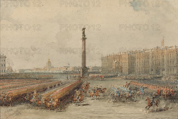 Parade of the Life-Guards Horse Regiment at the Palace Square.