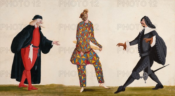 Pantalone, Arlecchino, Capitano, c. 1680.