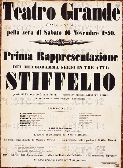Premiere Poster for the opera Stiffelio by Giuseppe Verdi in Teatro Grande, Trieste, 1850.