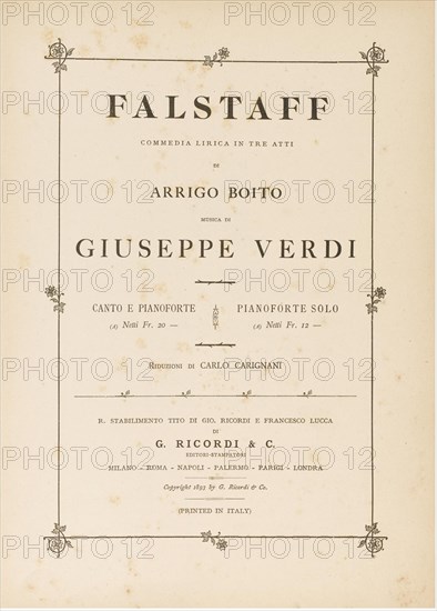 Opera Falstaff: first edition of the original version, 1893.