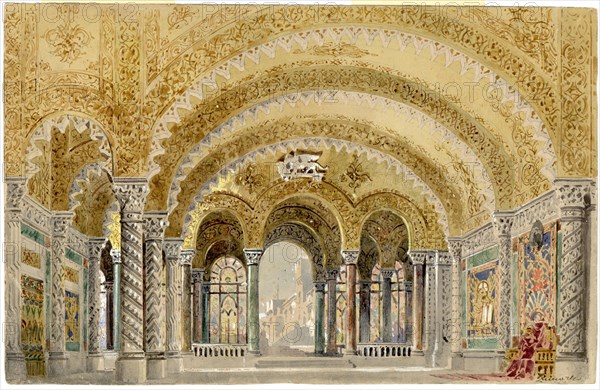 The great castle room, Act III, Set design for opera Otello by Giuseppe Verdi, world premiere, La Sc