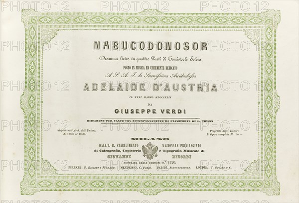 Cover of the score of the opera Nabucco by Giuseppe Verdi, 1842.