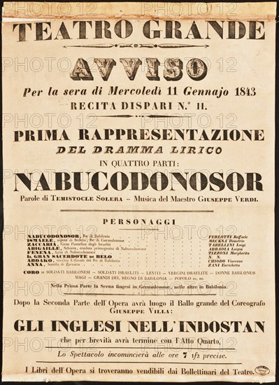 Poster for the opera Nabucco by Giuseppe Verdi in Teatro Grande on 11 January 1843, 1843.