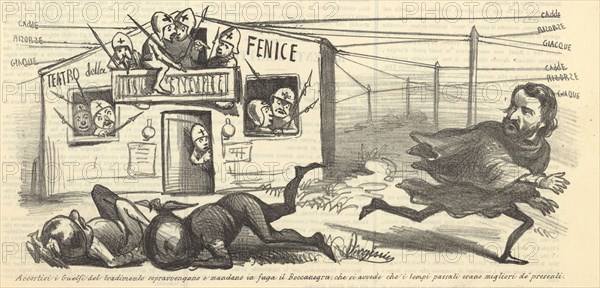Caricature: Giuseppe Verdi and Teatro La Fenice, 1857.