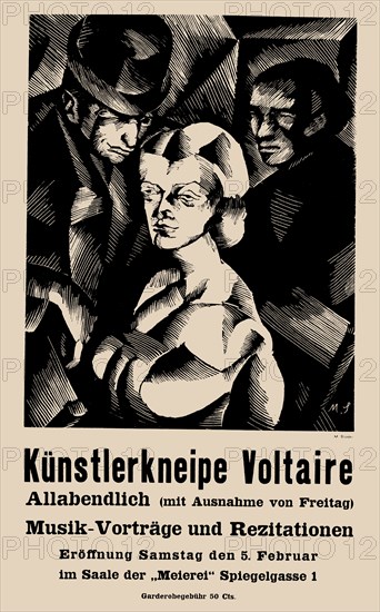 Poster for the opening of the Cabaret Voltaire on 1916-02-05, 1916.