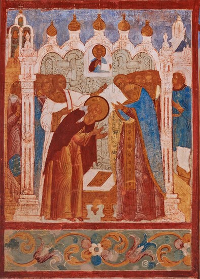 Monastic consecration of Saint Abraham of Rostov. Fresco of the Church of Saint John The Apostle in