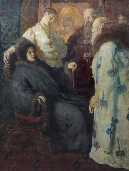 The ambassadors of the Zemsky Sobor trying to convince the nun Marfa that her son Mikhail Feodorovic