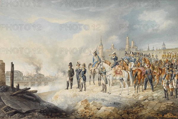 Napoleon and his staff on a hill before the burning Moscow, 1812-1814.