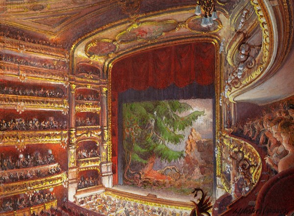 Premiere of the opera Walküre, act III, at the Gran Teatre del Liceu, Barcelona, 1899.