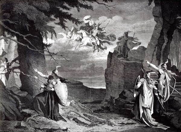 Das Rheingold by Richard Wagner. The Valkyrie's rock. Illustration to the premiere, 1869, 1869.