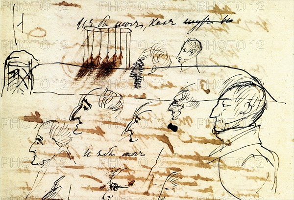 Sheet with drawing of the execution of the Decembrists, 1826-1827.