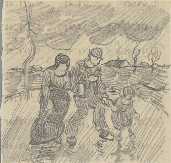 Strolling couple with child on a road in the rain, 1890.