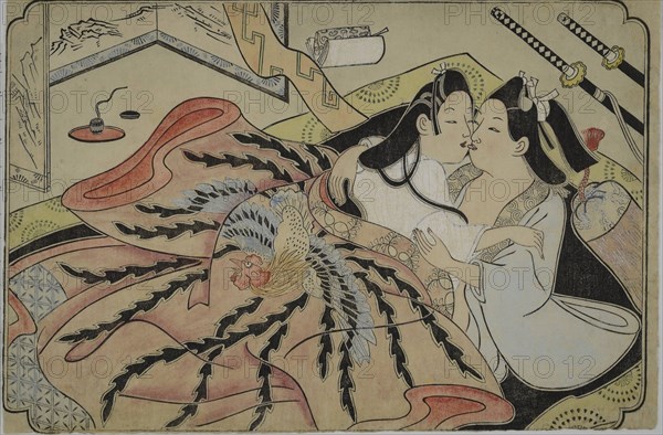 Lovers under a quilt with phoenix design, 1680s.
