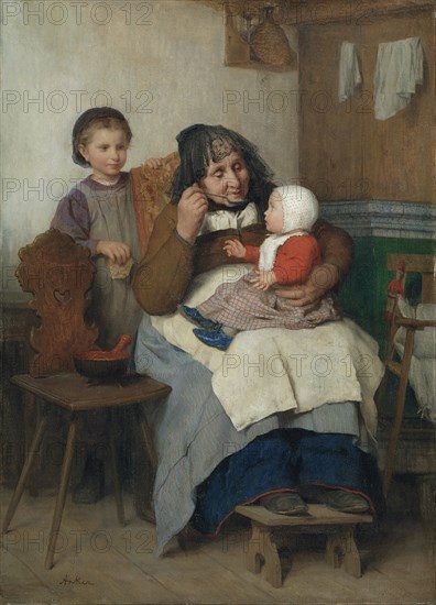 Grandmother spooning the soup to her grandchild, 1868.