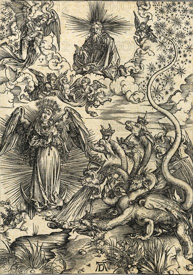 The woman of the Apocalypse and the seven-headed dragon. From Apocalypsis cum Figuris, 1498.