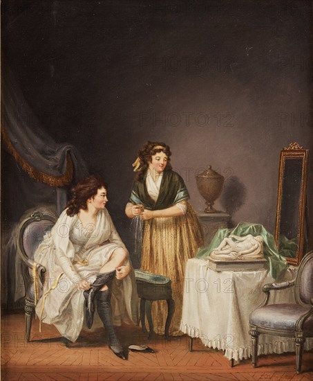 A woman pulling up her stocking, 1798.