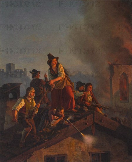 A Tyrolean peasant family defends their house against attacking soldiers. (Scene from the 1809 Tyrol
