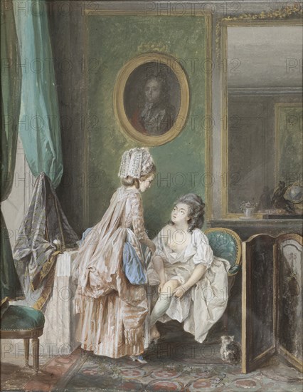 Woman pulling on her stocking, 1776.