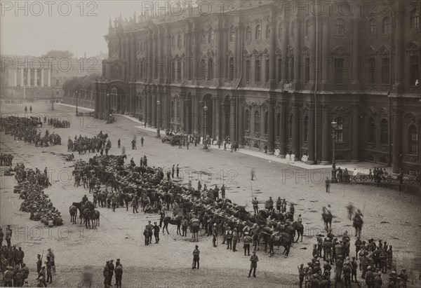 Regiments summoned back from the war front by the Provisional Government on Palace Square, before th