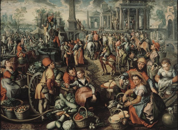 Market Scene with Ecce Homo, the Flagellation and the Carrying of the Cross, 1561.