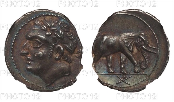 Coin of Hannibal Barca. Carthage. (Obverse: Hannibal, Reverse: Elephant), ca. 213-210 BC.