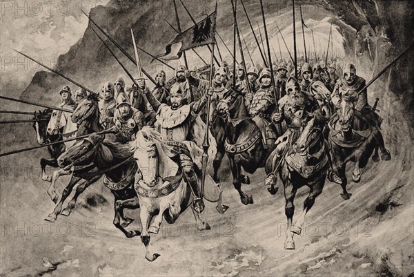 Saint Wenceslas and his Blanik knights set off from the mountain. Illustration from Stare povesti ce