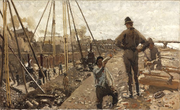 The pile driving on the Van Diemenstraat in Amsterdam, 1897.