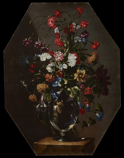 Carnations, dahlias and hyacinths in a vase, c. 1670.
