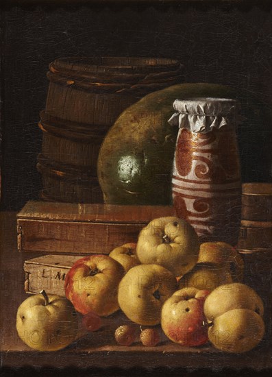 Still life with apples, strawberries, watermelon, box of sweets, jar of honey and barrel, Mid of the