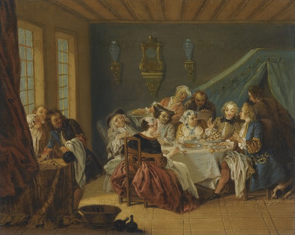 An Interior With Elegant Figures Dining, .
