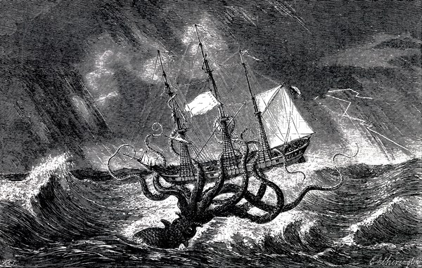 Kraken Attacking a Sailing Vessel During a Storm , 1870.