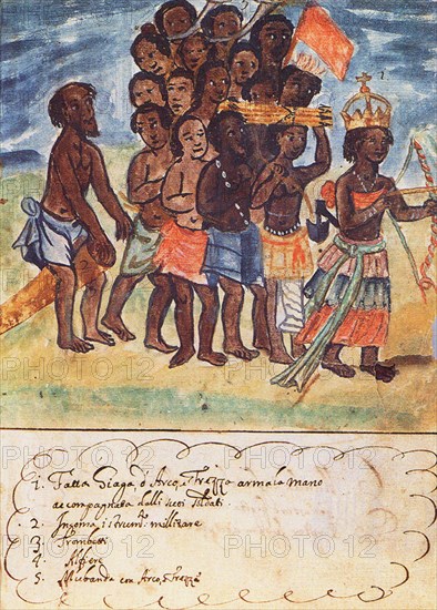 Queen Nzinga with Military Entourage, Kingdom of Matamba, Angola (From: Manoscritti Araldi), Between