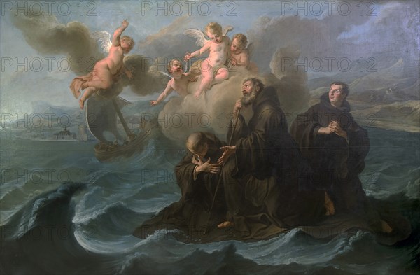 Saint Francis of Paola and his companions cross the strait to Messina on his cloak, 1723.