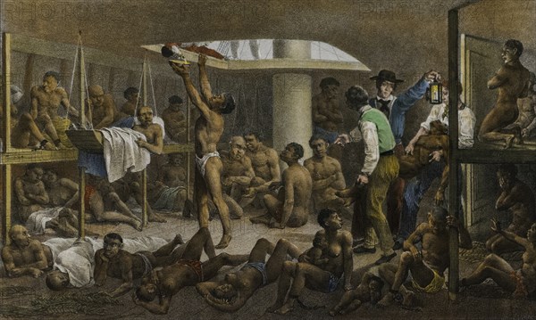 Slaves in the cellar of a slave boat, c. 1830.