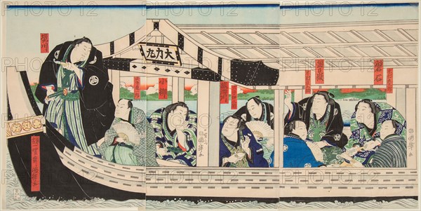 Sumo Wrestler Dairiki Maru on a boat with friends, 1864.