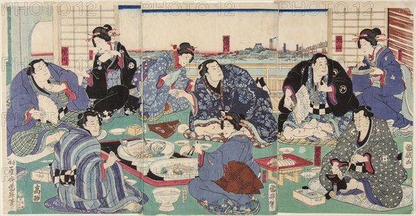 Sumo wrestler Sakaigawa Namiemon (to the left), with other sumo wrestlers and geishas at a party, 18