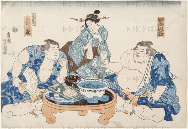 Sumo Wrestlers Kuroiwa and Zogahana with a geisha, ca 1845.