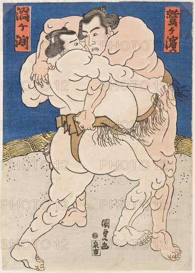 Wrestling match Uzugafuchi vs Washigahama, c. 1830.