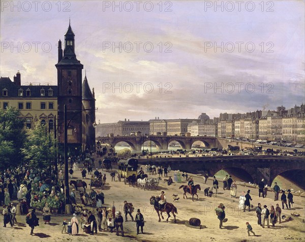 Le marché aux fleurs, la Tour de l'Horloge, le Pont au Change et le Pont-Neuf, 1832.