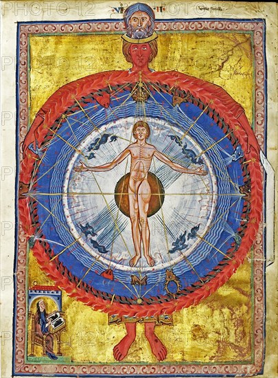 The Cosmic Spheres and Human Being. (Vision from Liber Divinorum Operum), ca 1220-1230.