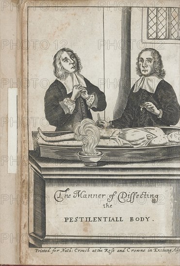 Two men dissecting a body with plague marks, 1666.