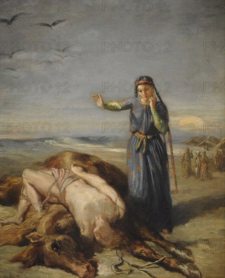 A young Cossack girl finds Mazeppa in a faint on the corpse of the horse , 1851.